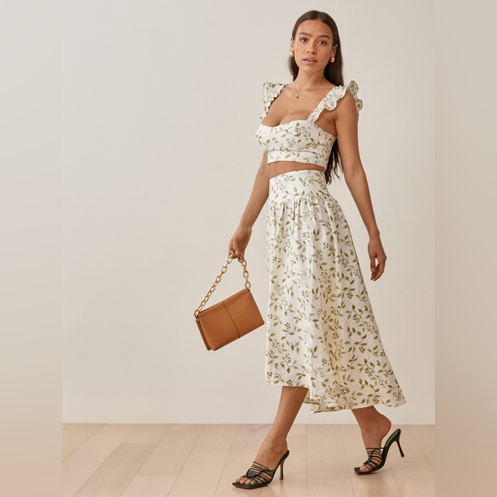 Reformation Junie Linen Two Piece in white and green ivy pattern